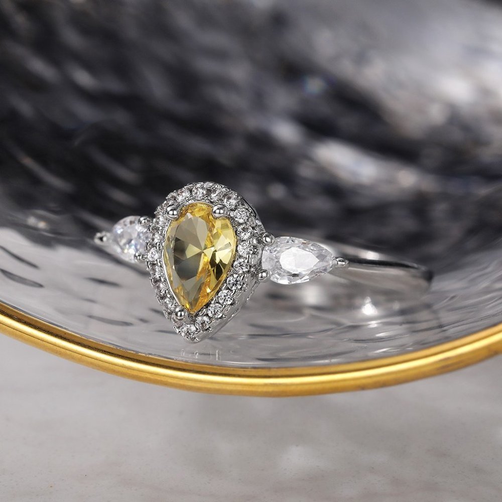 💍925 Silver Yellow Water Drop Romantic Crystal Diamond Ring for Women, K778 - Picture 5 of 11